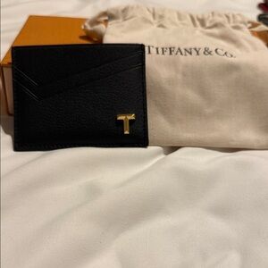 Tiffany & Co. Black Leather Card Case with Gold 'T' Accent